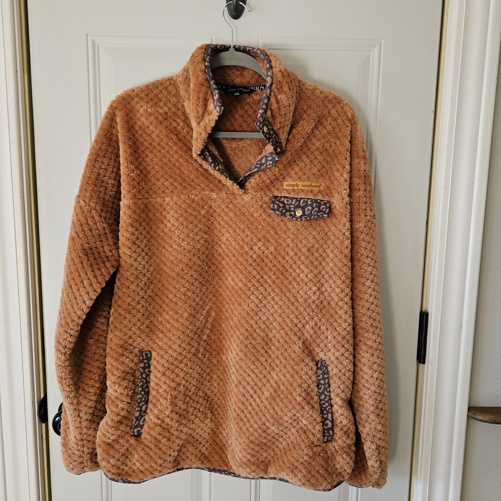 Simply Southern Cozy Pullover in Camel with Navy Leopard Trim - XXL